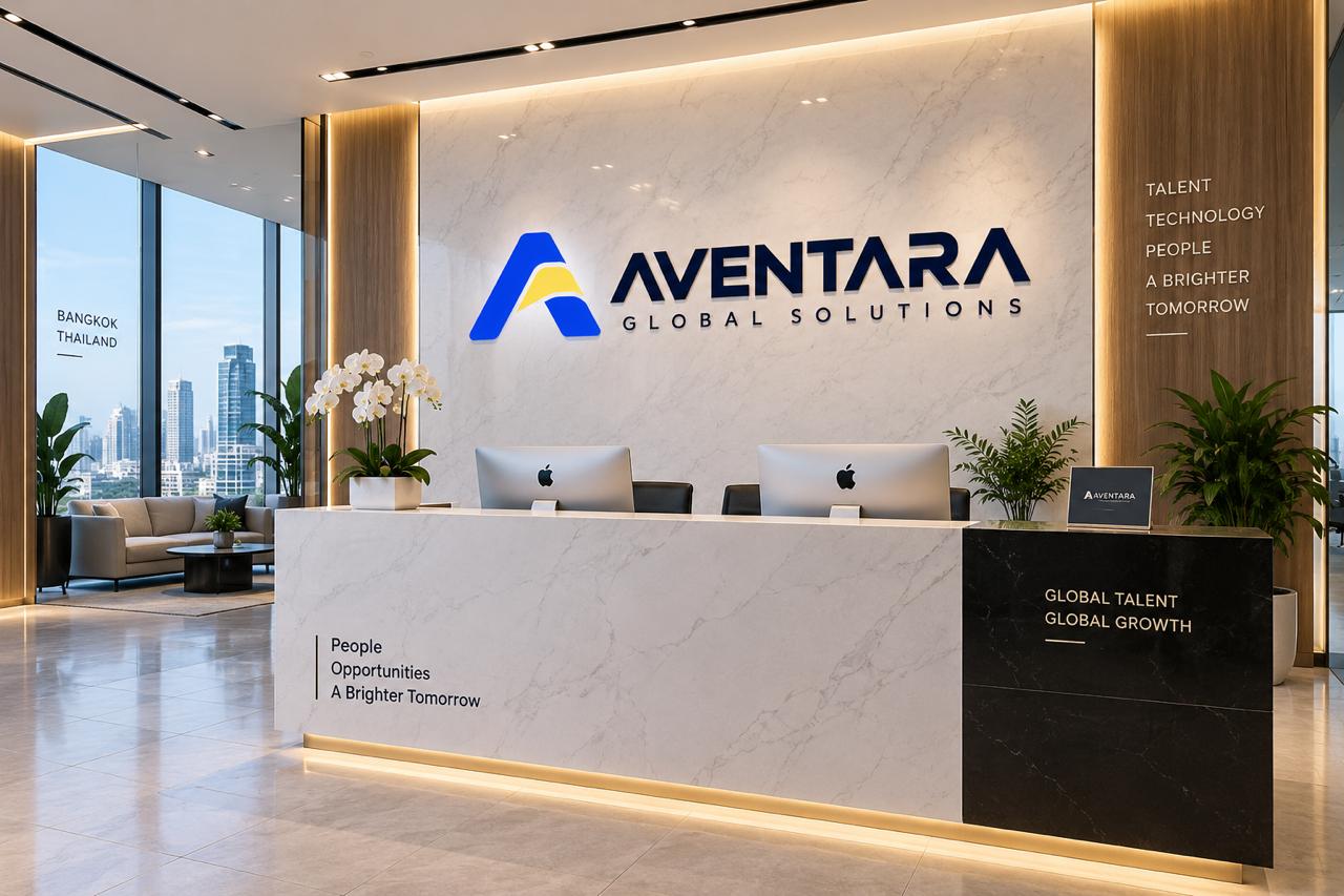 Reception with the AVENTARA logo, marble desk and city views