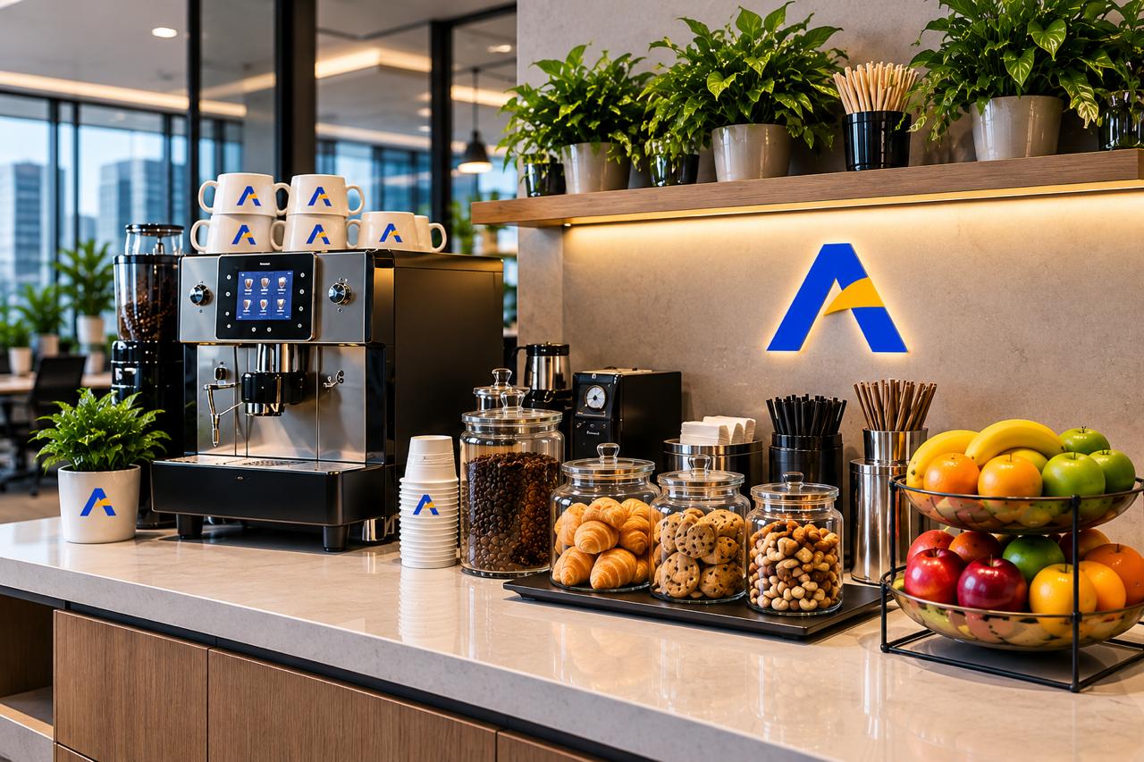 Coffee counter with Aventara mugs, refreshments and plants