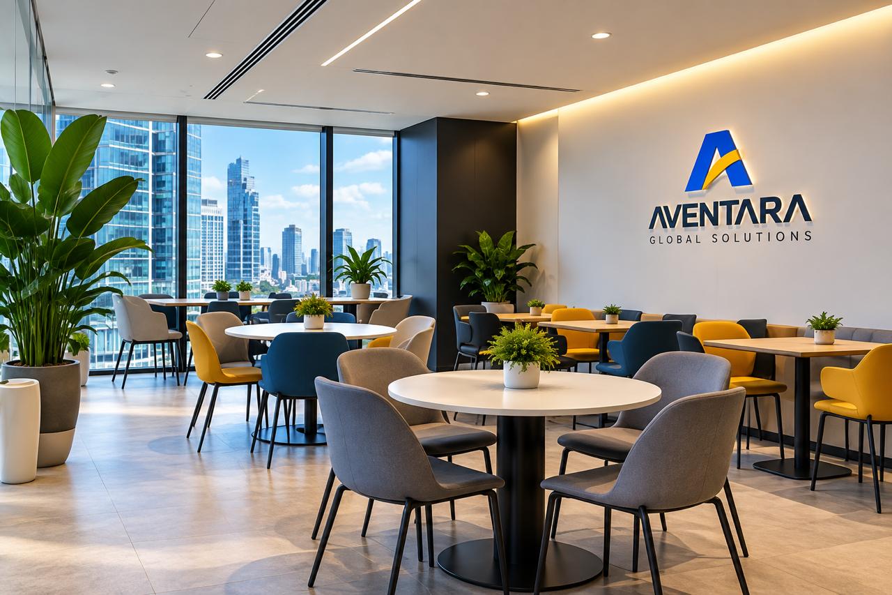 Shared tables and colorful chairs beside floor-to-ceiling windows
