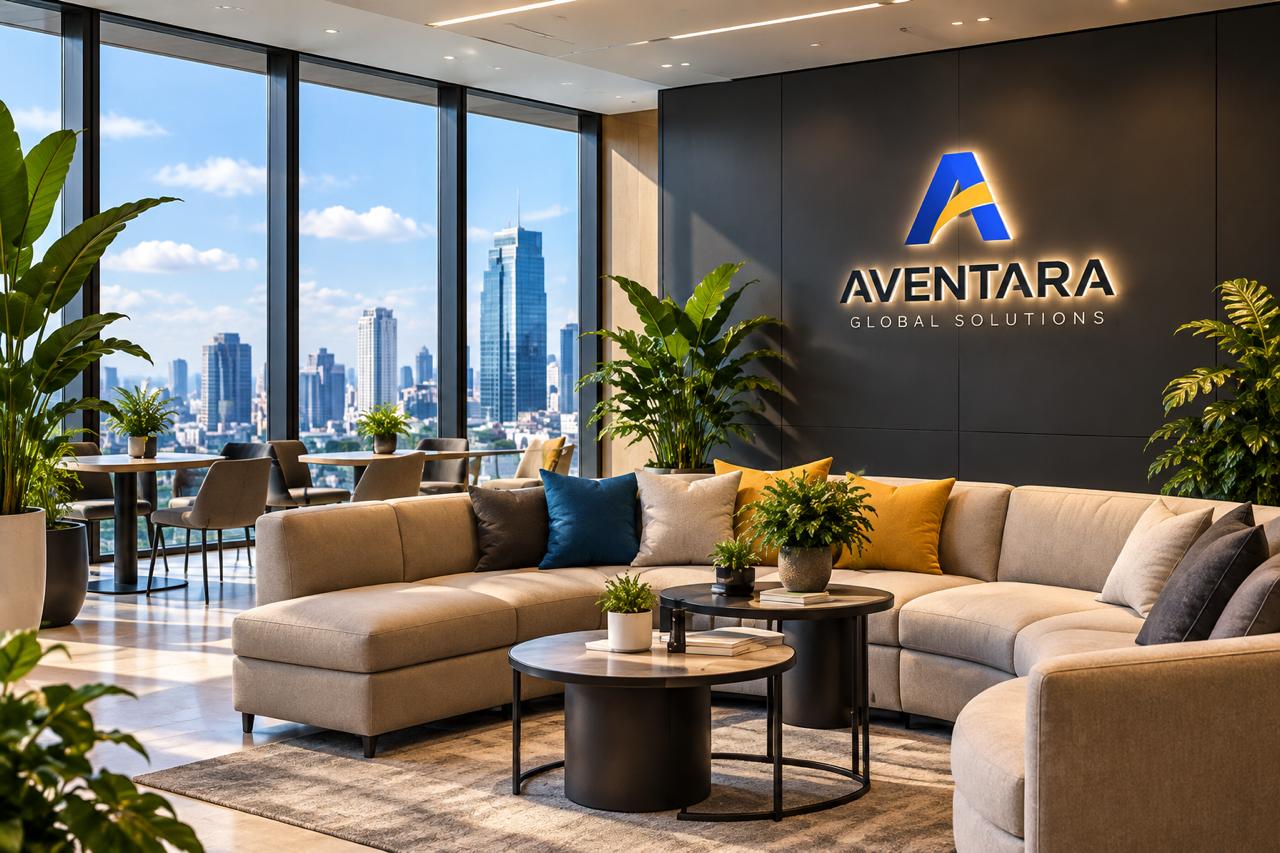 Lounge seating with blue and yellow cushions and city views