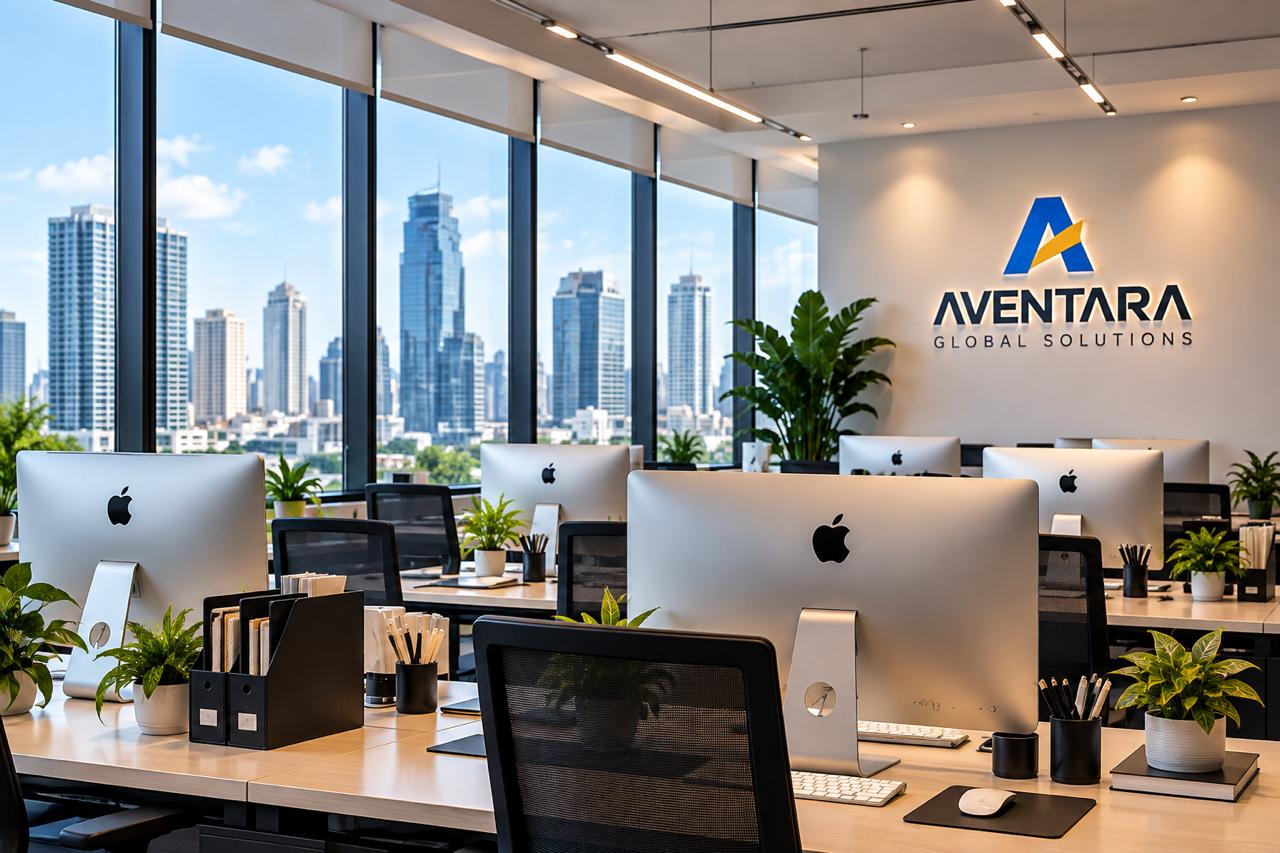Bright workspace with desks, greenery and AVENTARA branding