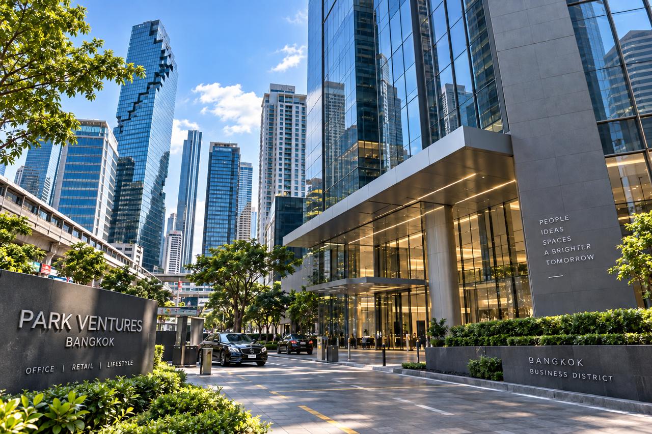 Office building exterior and surrounding Bangkok cityscape